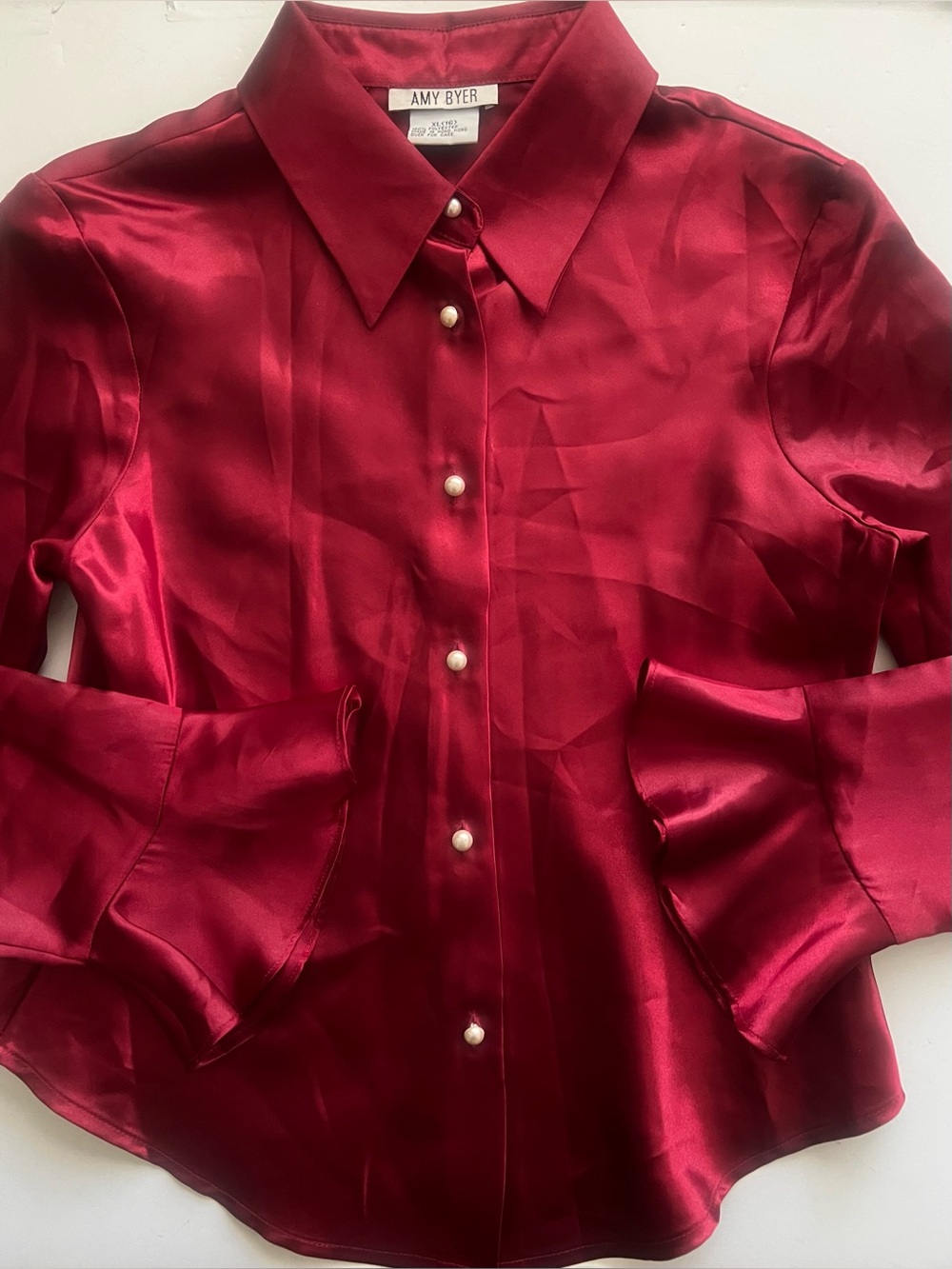 Vintage Amy Byer Satin Button-Down Blouse in Deep Red